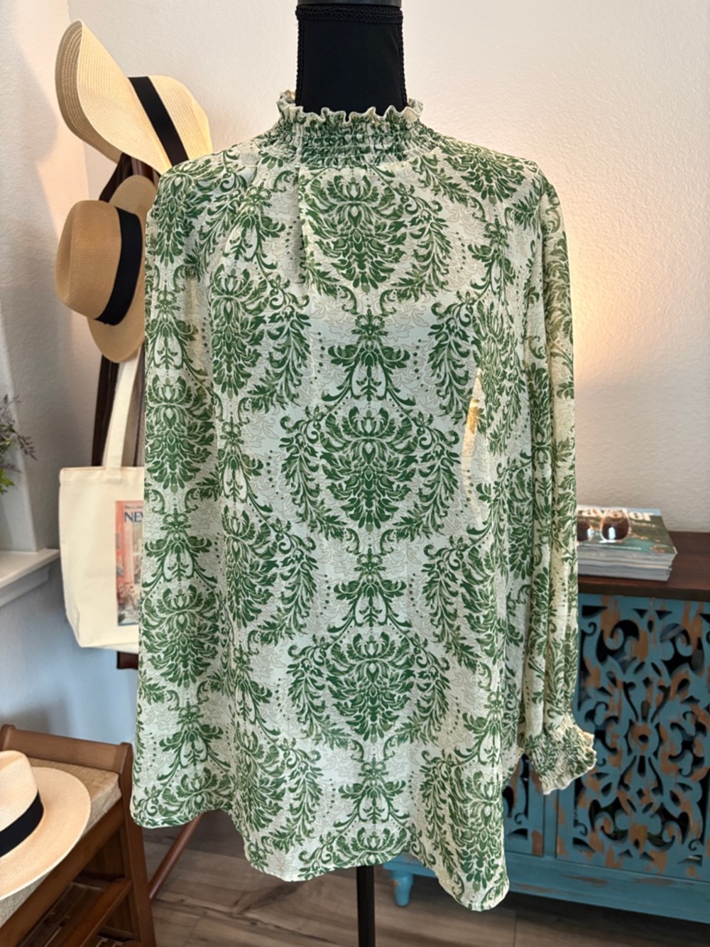 Green Damask Print Long Sleeve Smocked Neck Blouse